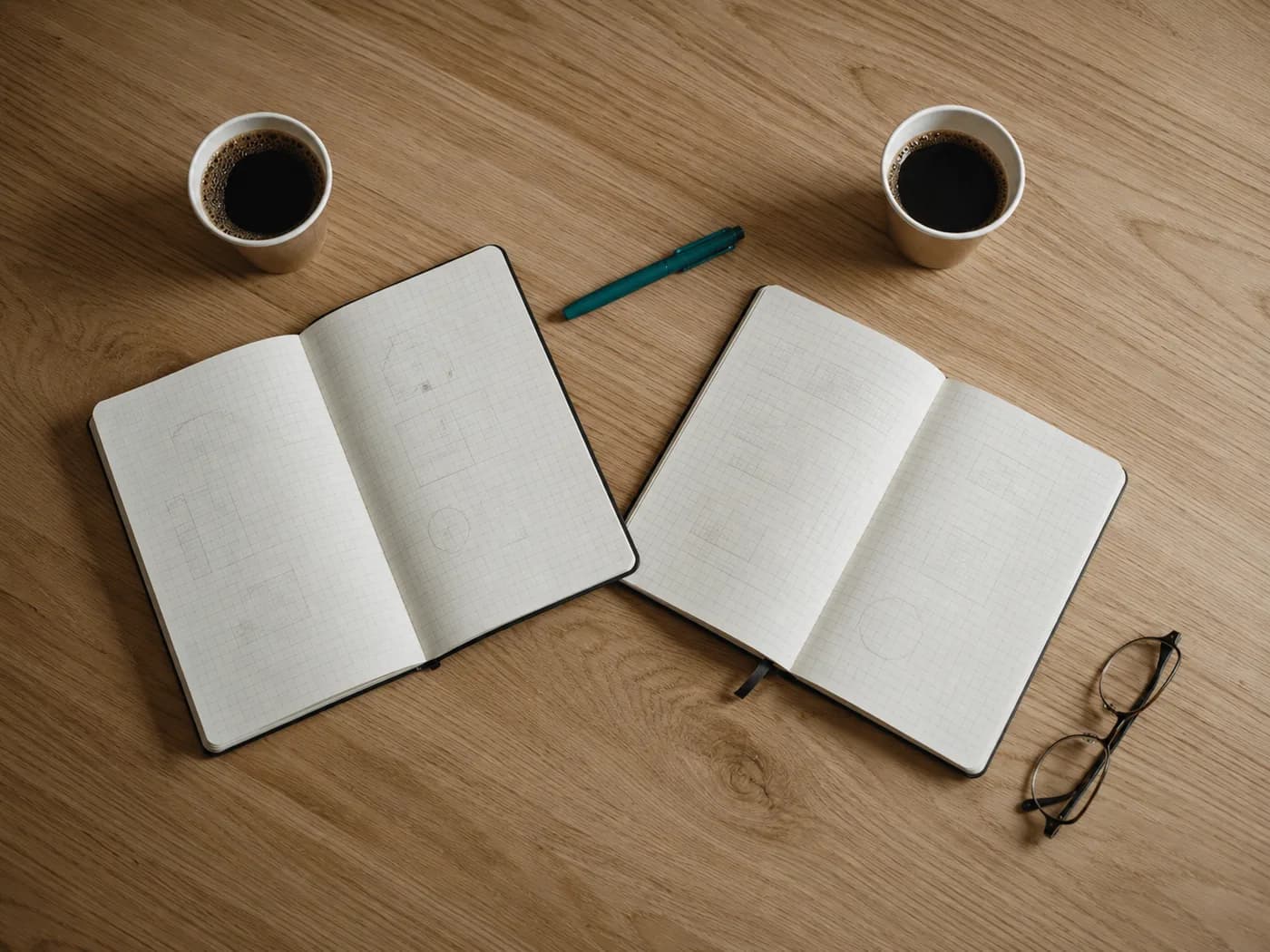Twee notitieboeken aan tafel — samen denken