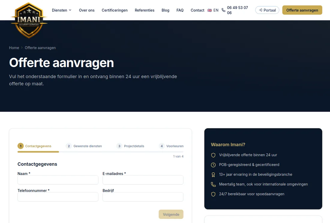 Screenshot van de offerte-aanvraagflow van Imani Security Services